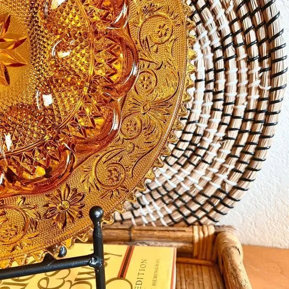 Vintage Amber Tiara Glass Saw Tooth Edge Egg Platter Marigold Carnival Glass - Picture 5 of 5